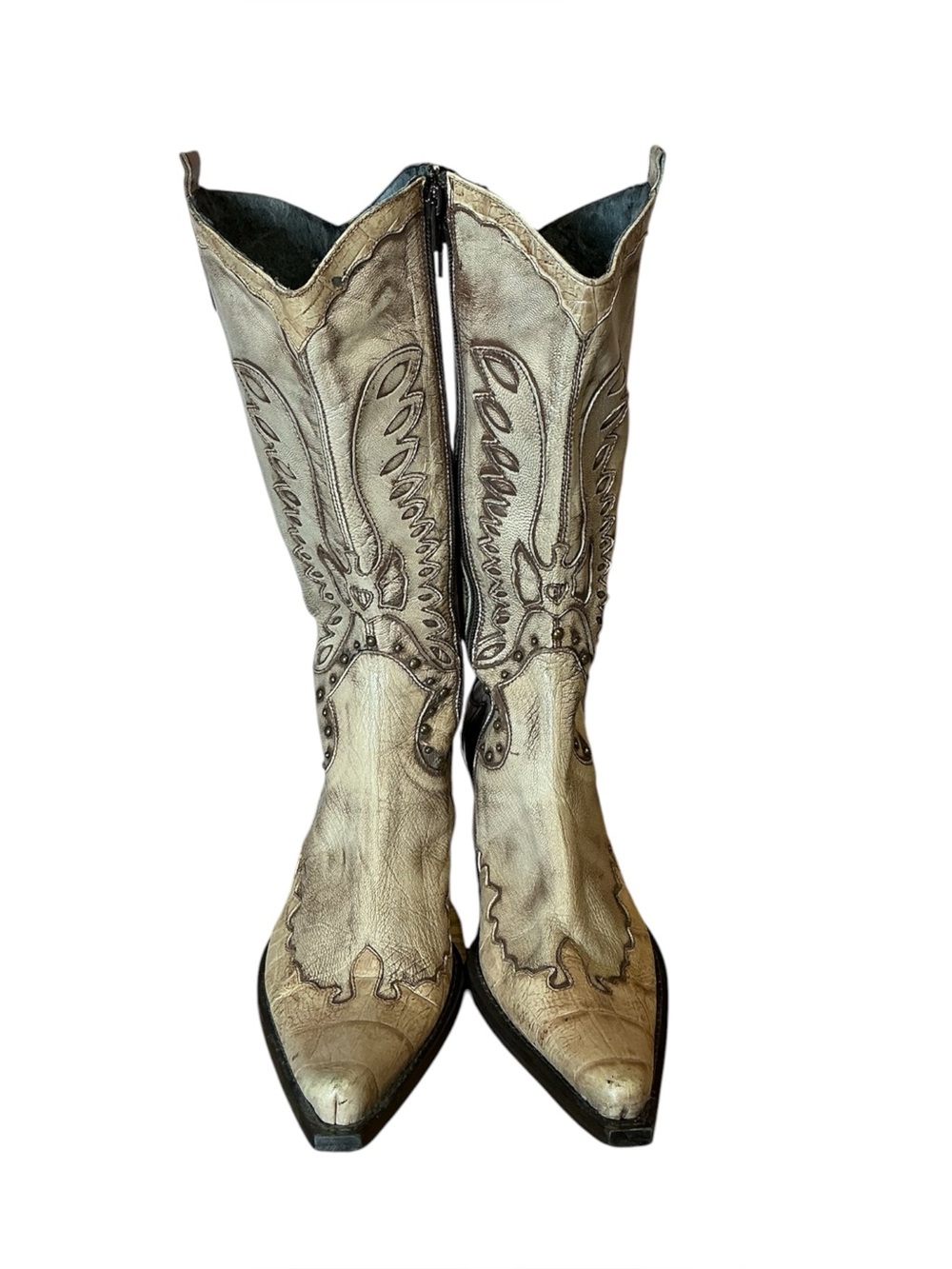 Vintage Studded Tan Leather Point Toe Cowboy Boot